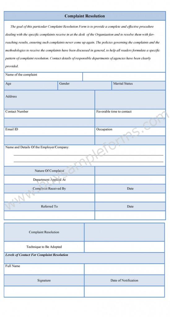 Sample Customer Complaint Resolution Form Template Word