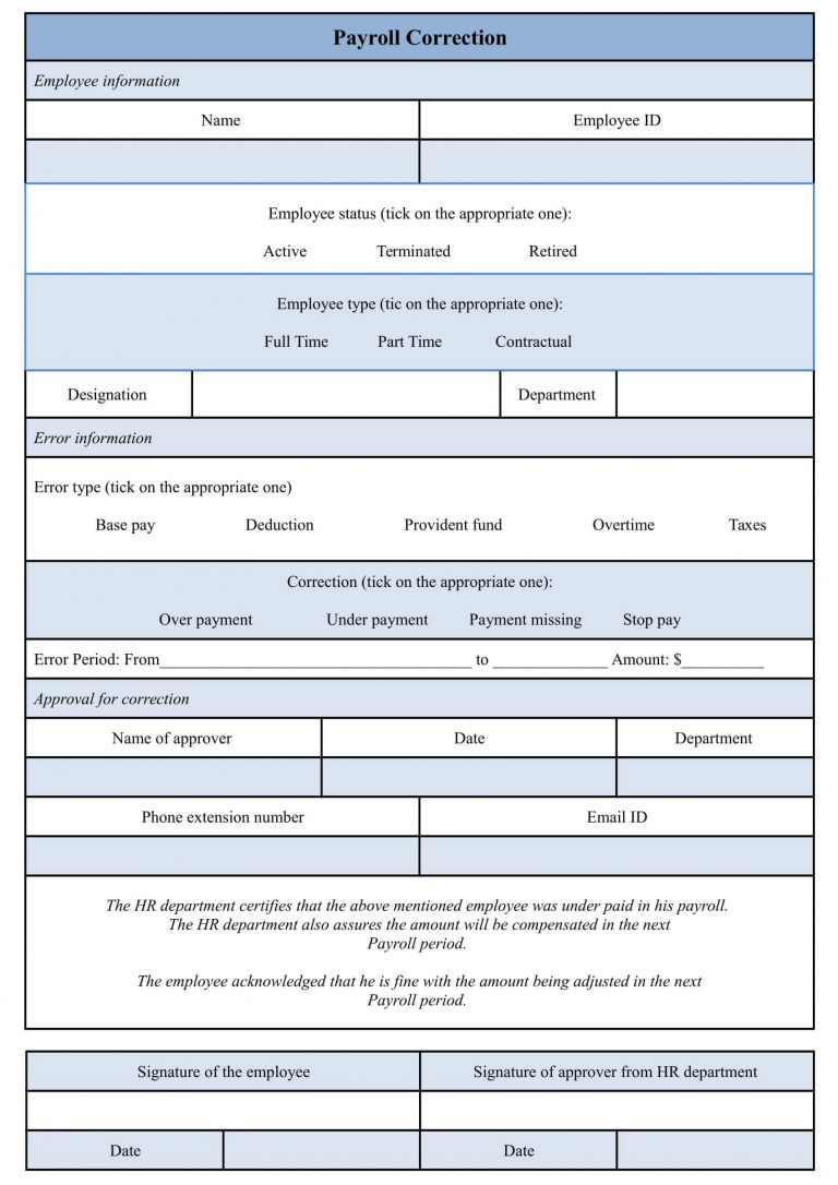 Payroll Correction Form Template - Sample Forms