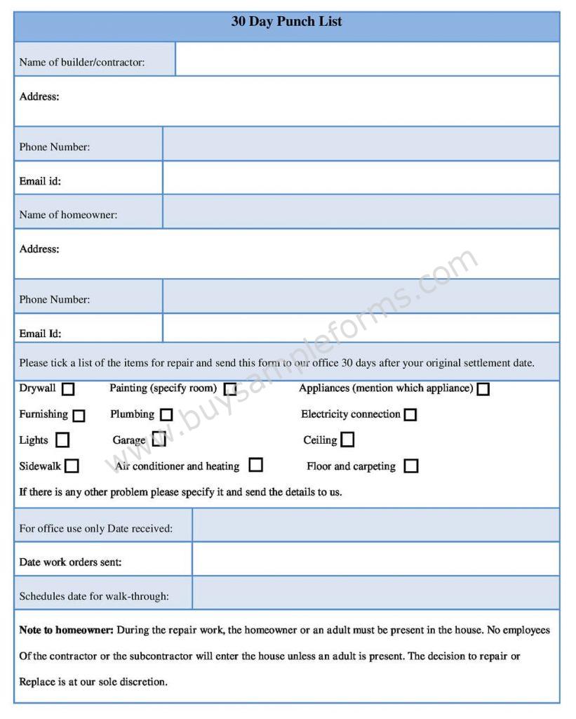 Download 30 Day Punch List Form in Word Sample Punch list Template
