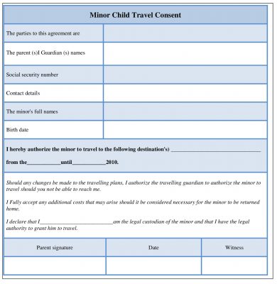 Minor Child Travel Consent Form Sample Template Word