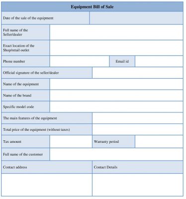 Printable Equipment Bill of Sale Form Template Word