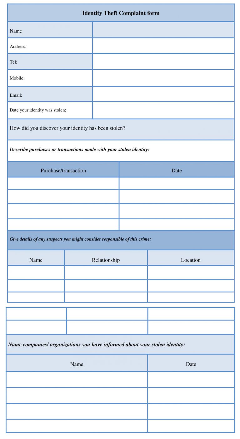 Printable Identity Theft Complaint Form Template Sample 8544