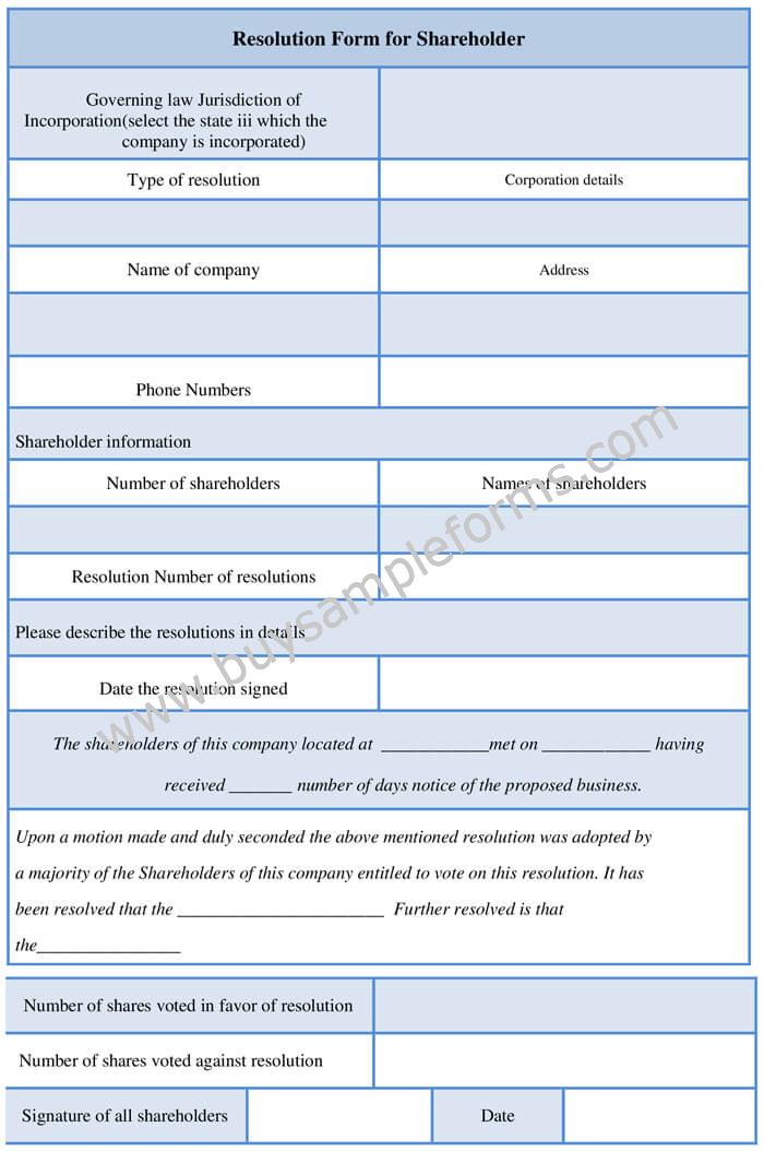 Blank Resolution Form for Shareholder Template Word Format